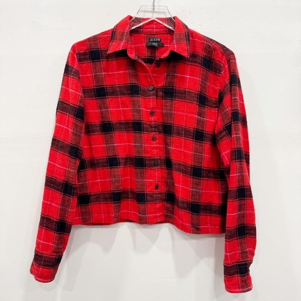 J. Crew Cropped Garson Shirt Red Black Plaid Cotton Size 4